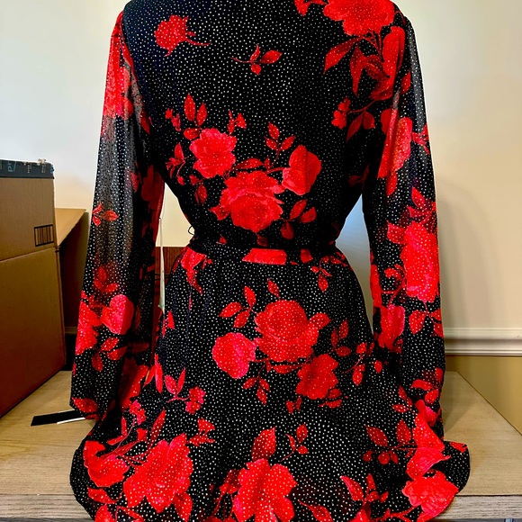 ⭐️HostPick⭐️City Triangles Black & Red Floral Long Sleeve Dress w/ Gold sparkles - Picture 4 of 14